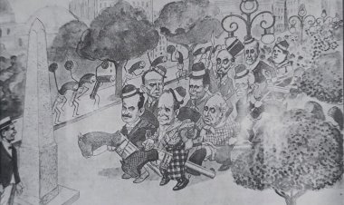 Janeiro, 1930 - Charge premonitória de O Malho: os gaúchos amarram os cavalos no obelisco