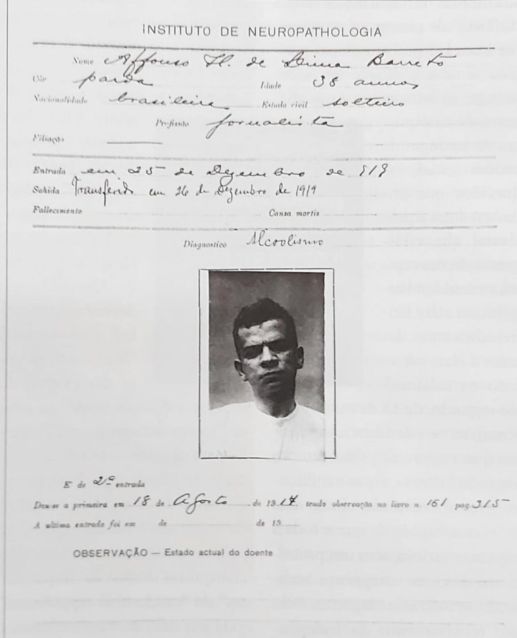 1919 - Ficha de internação do escritor Lima Barreto