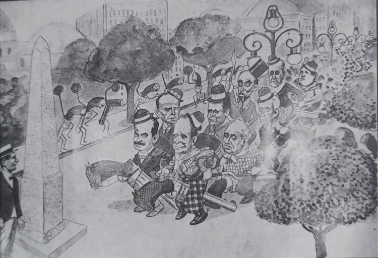 Janeiro, 1930 - Charge premonitória de O Malho: os gaúchos amarram os cavalos no obelisco